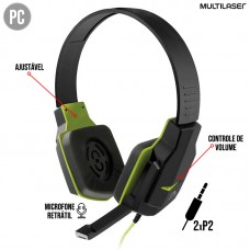 Headset Gamer 2 P2 para PC Ajustável com Microfone Driver 40mm Multilaser PH146 - Preto Verde